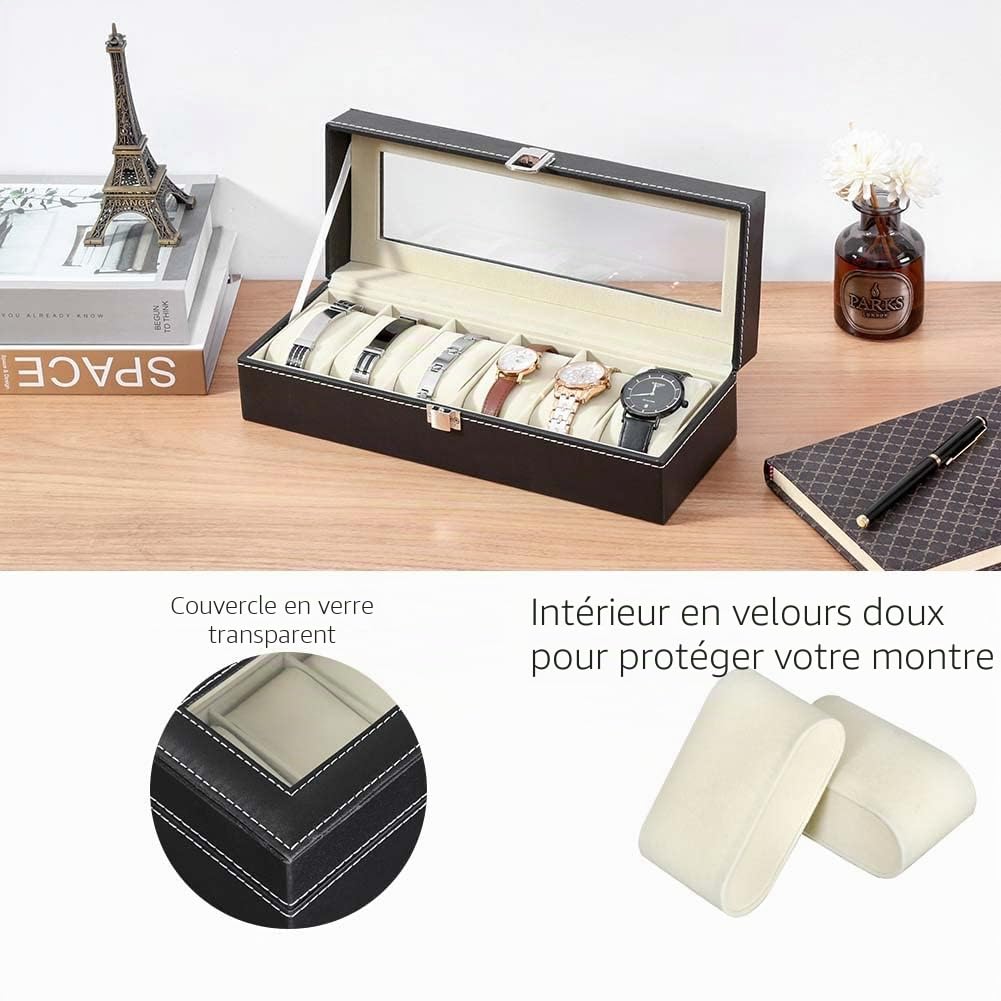 Boîte à Montres avec 6 emplacements, Ecrin pour Montres pour 6 Montres, Présentoirmontres avec Couvercle en Verre, Doublure en Velours, 30 x 11,5 x 8 cm (Schwarz-W04B)