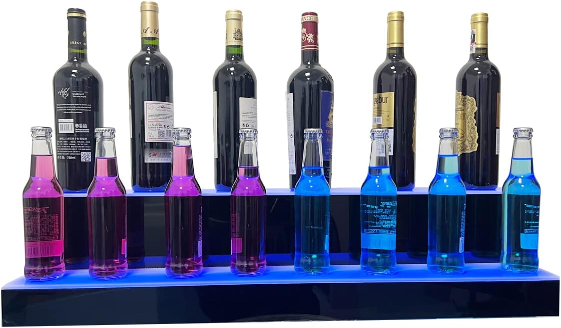 31 Inch 2 Step LED Lighted Liquor Bottle Display Illuminated Bottle Shelf Home Commercial Bar Shelf Light Changing Shelves with Remote Control,Multiple Colors LED Bar Shelves for Liquor