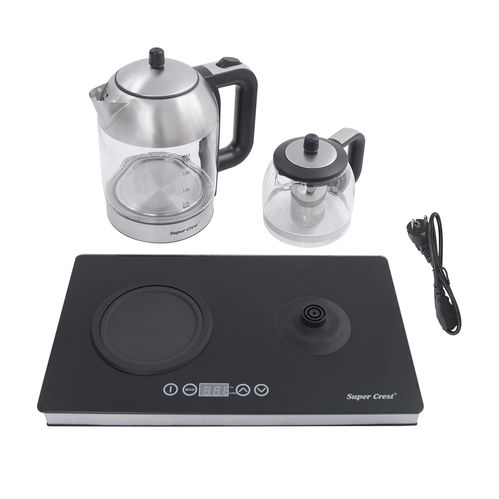 Estación de té y café en uno, base de hervidor de agua con pantalla LCD | Tetera de 2 litros y 1 L con filtro de acero inoxidable, ajuste de temperatura y sensor táctil, estación de té de 1500 W