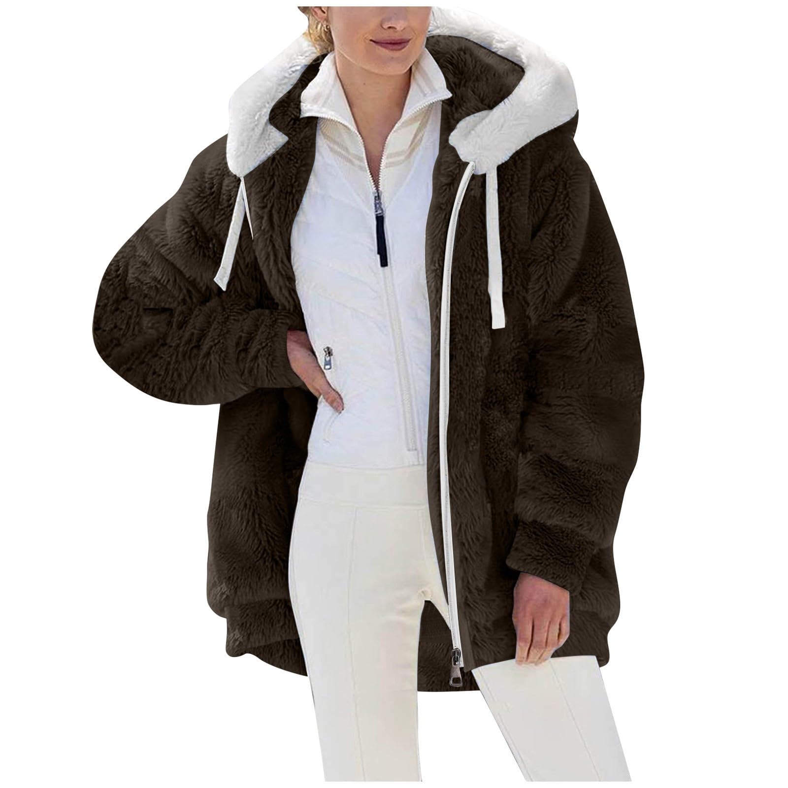 Generisch Strickjacke Damen Weiss Damen-Nähtaschen-Pullover mit Kapuze, warmer Kunstwolltaschen-Kapuzenmantel, Oberbekleidung