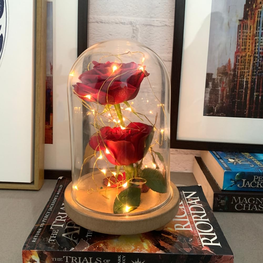 Decorative Clear Borosilicate Glass Bell Jar with Round Lacquered Wood Base – Elegant Tabletop Dome Display Case for Home Decor, Festive Centerpiece, Office & Living Room Decoration