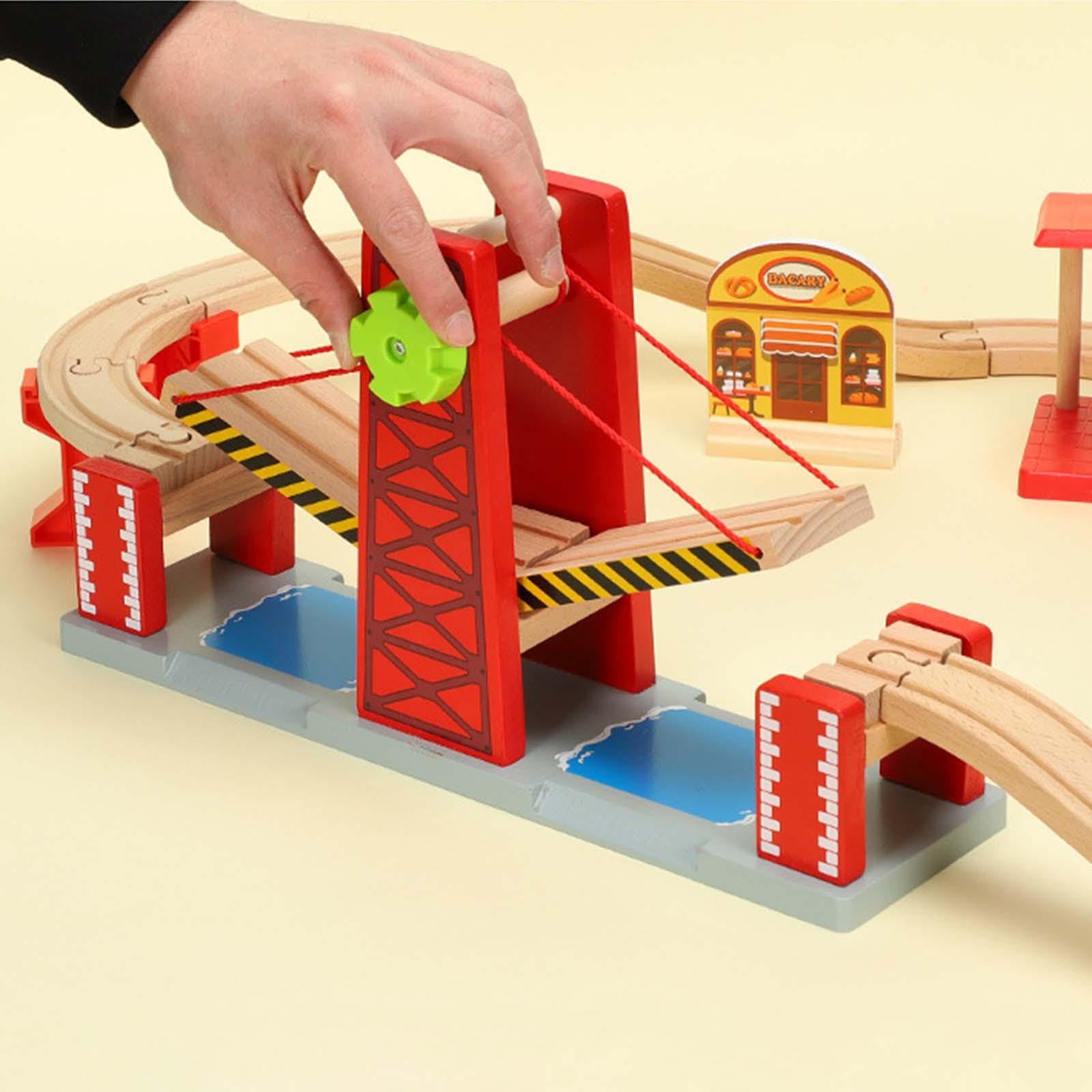 Set di trenini giocattolo per bambini con entusiasmanti | binari ferroviari con ponte di sollevamento per innescare un coinvolgente momento di gioco. Set di accessori in legno per