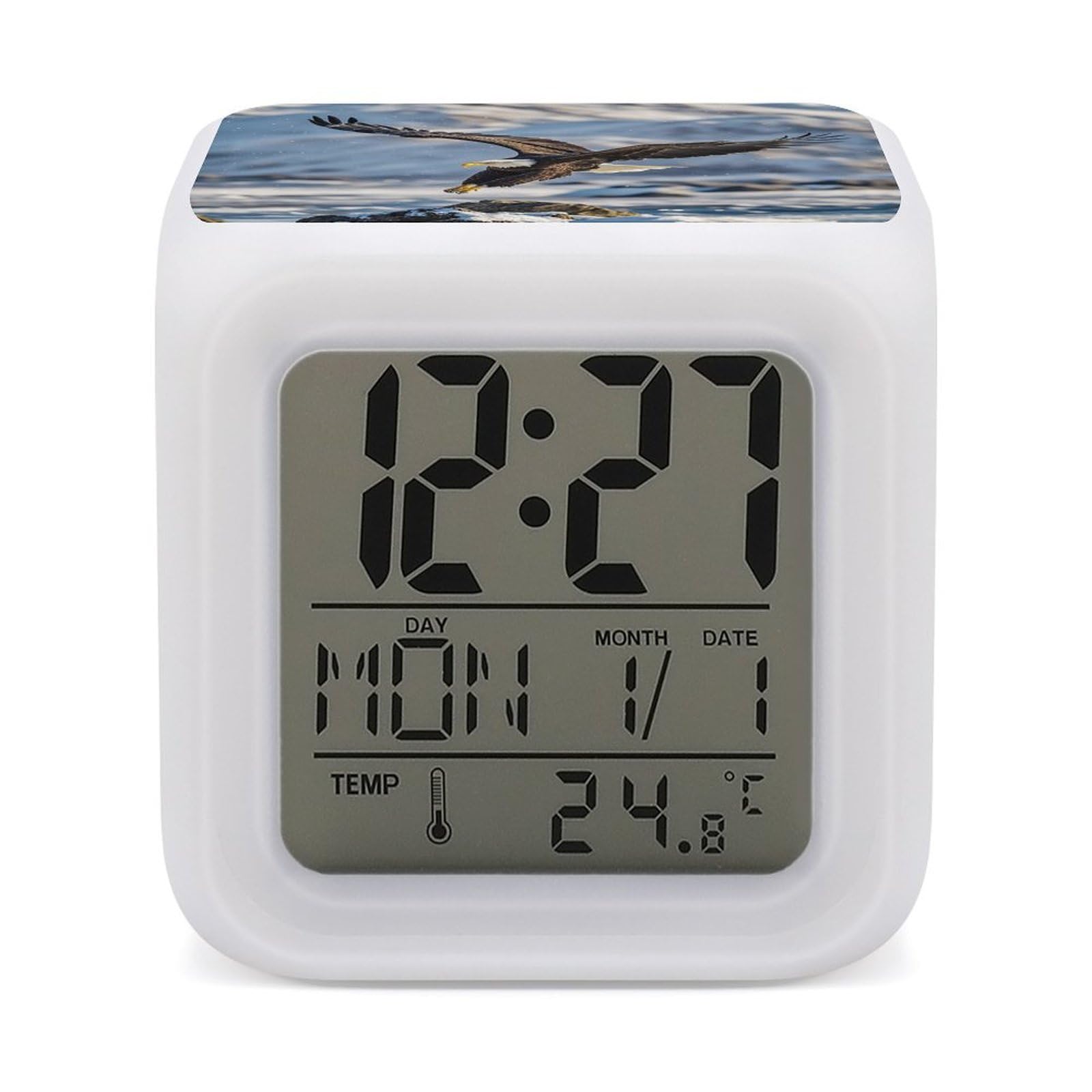 FekiLoot Bald Eagle Flying Alarm Clock for Heavy Sleepers Small Digital Alarm Clock with Date Temperature Wake Up Digital Clocks with 7 Colors Changing Desk Clocks for Bedroom Bedside Nightstand