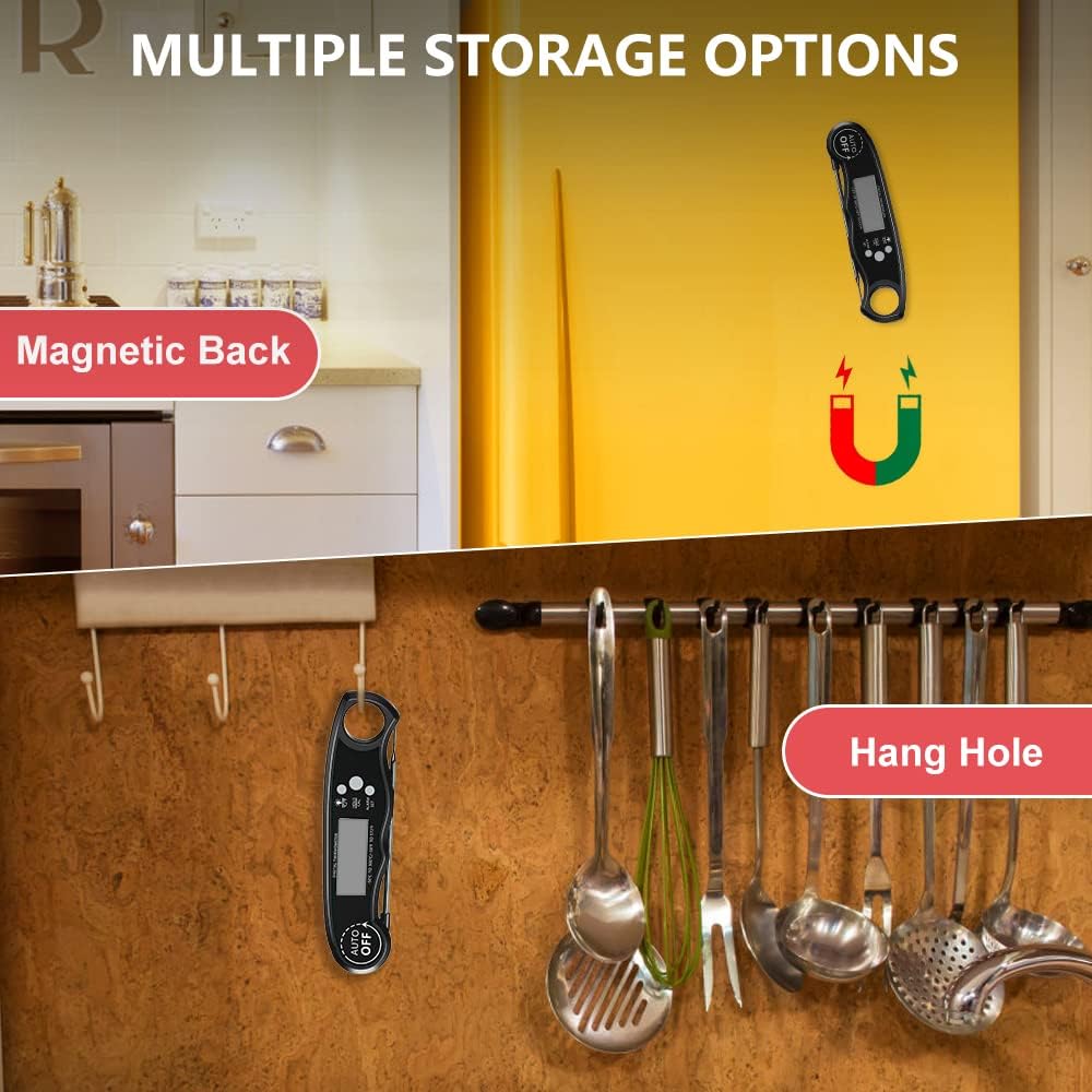 Images showing the thermometer attached to a refrigerator with its magnet and hanging on a hook