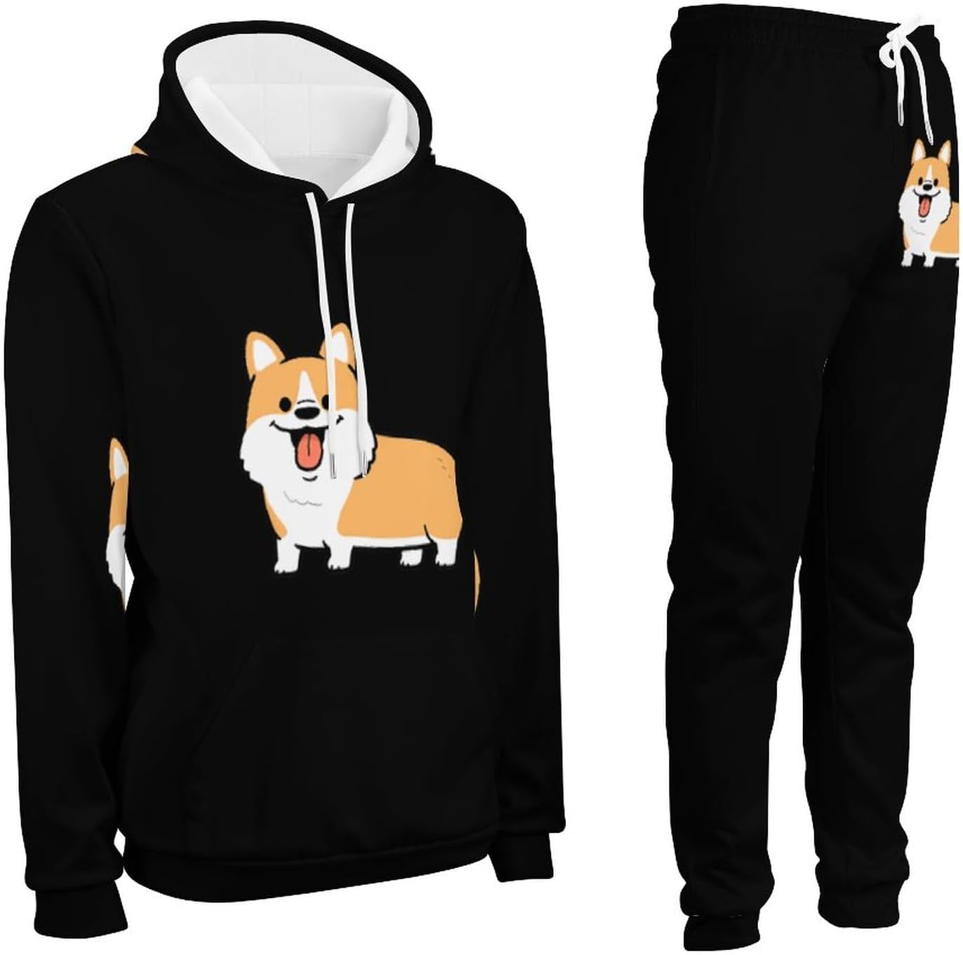 [Senar] かわいい コーギー 犬柄 雪 スウェット パーカー 上下セット メンズ トレーナー 長袖 便利服 2点 上着 パンツ