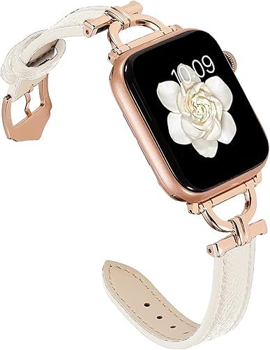 Miimall Compatible con Apple Watch Band para mujer, cuero delgado tamaño ajustable hebilla de metal en forma de D correa de cuero de repuesto para