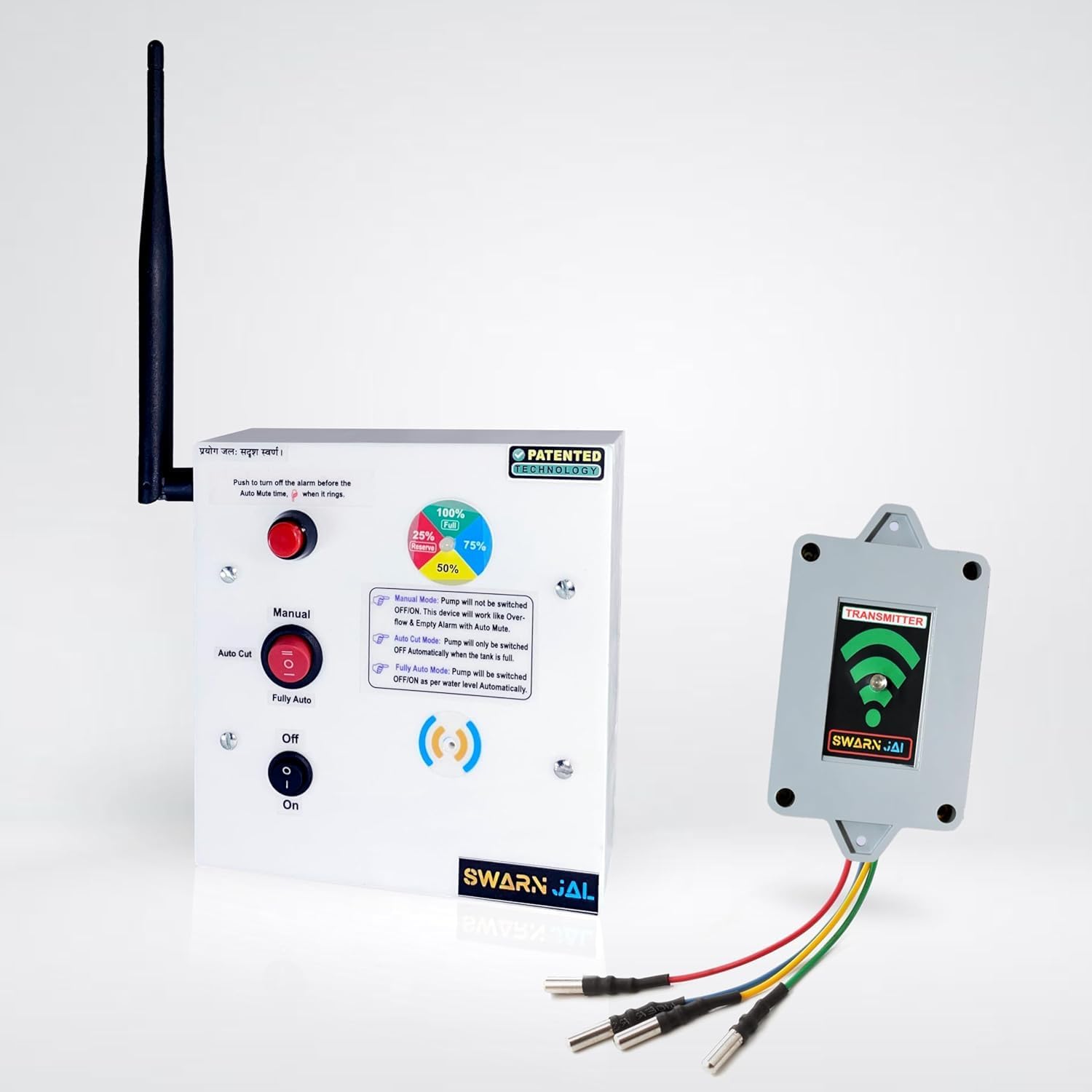 Swarn Jal (Model :WL-S-CO) Wireless Water Level Controller for Submersible Pump with 4 Level Indicator, 50 Floors Range (Patented Technology) 3 Modes Option: Fully Automatic, Auto Cut & Manual Mode
