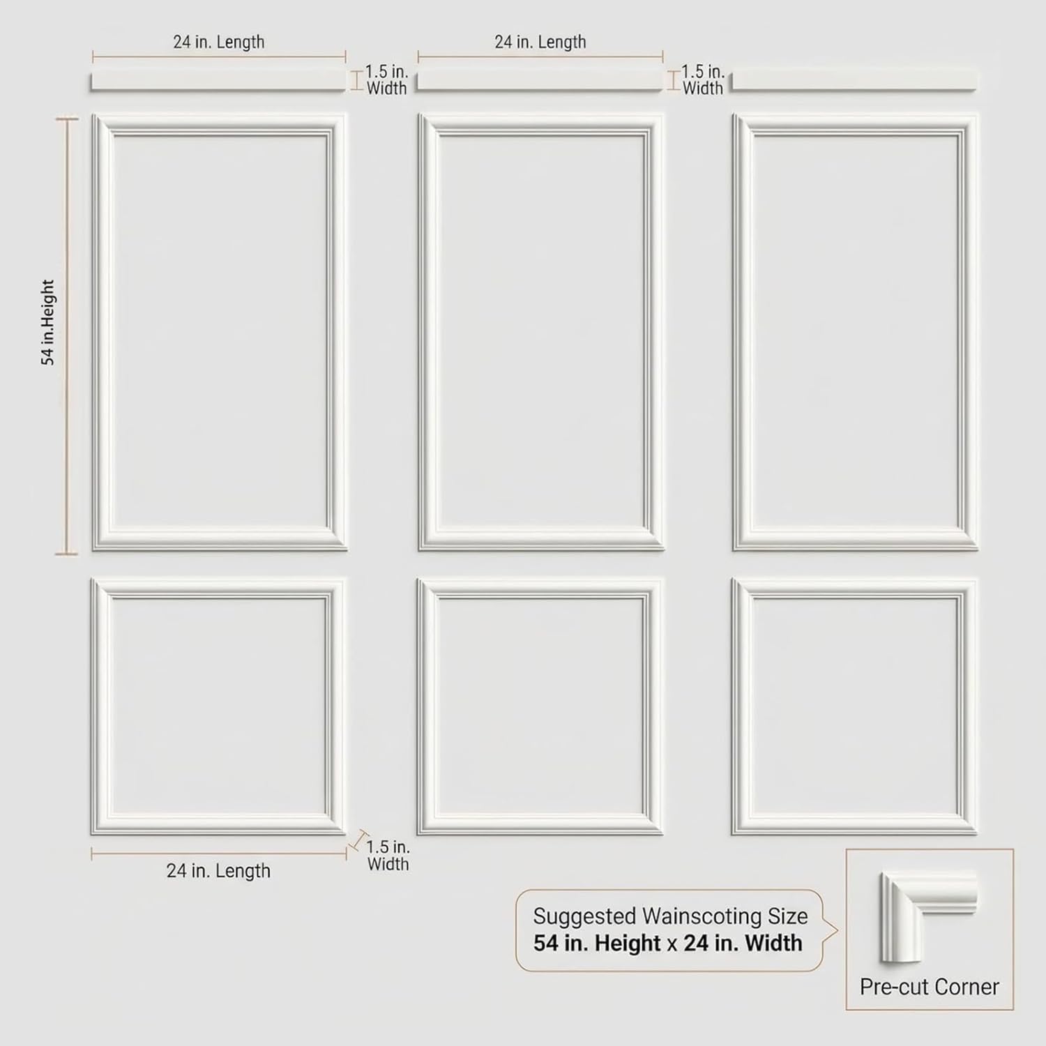 refgy peel and stick wall molding kit 54"x24" pre-cut wainscoting panels | self-adhesive, paintable, no tools needed | lightweight, durable polystyrene wall trim kit 6-wall molding