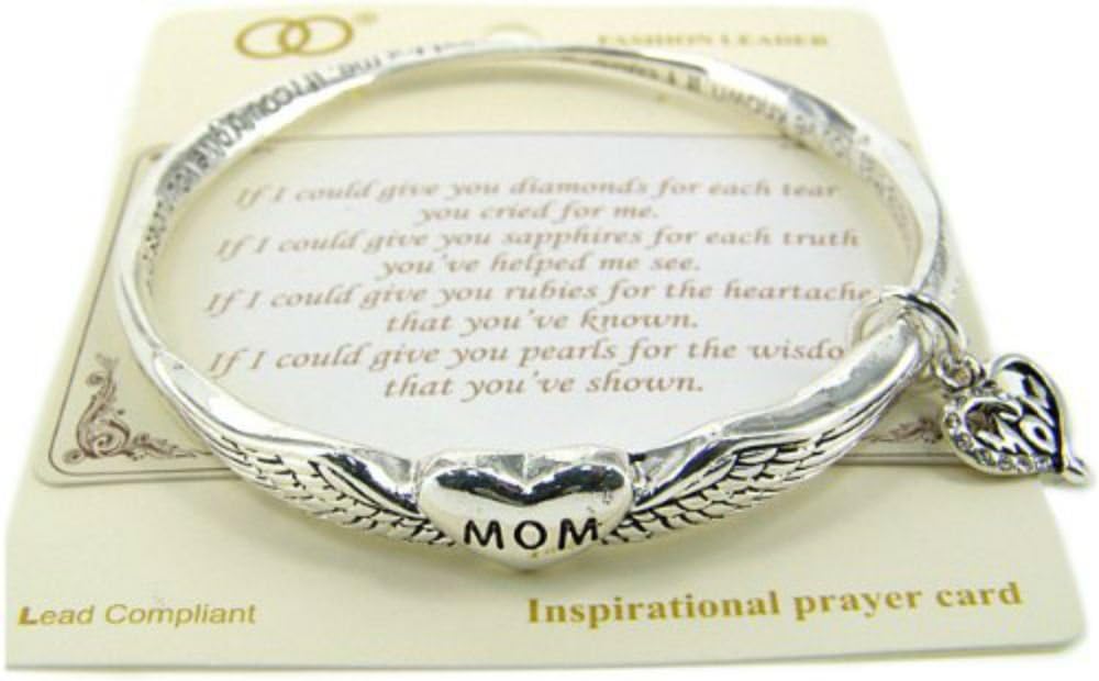 Silver-Tone Mothers Prayer Twist Engraved Bangle Bracelet with Mom Charm Prayer Card Included