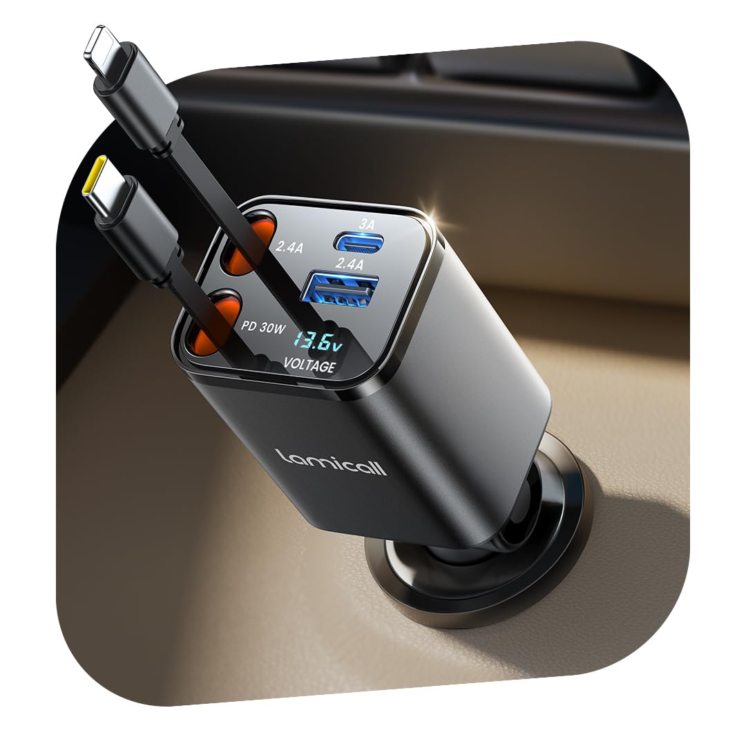 Lamicall 4-IN-1 Caricatore Auto USB C, 69W Carica Rapida, [50% Più Piccolo] | [Display di Tensione] 180° Pieghevole, Accendisigari Auto 12V/24V con 2 Cavi Retrattili & Porta USB-C/A, per iPhone/Samsung