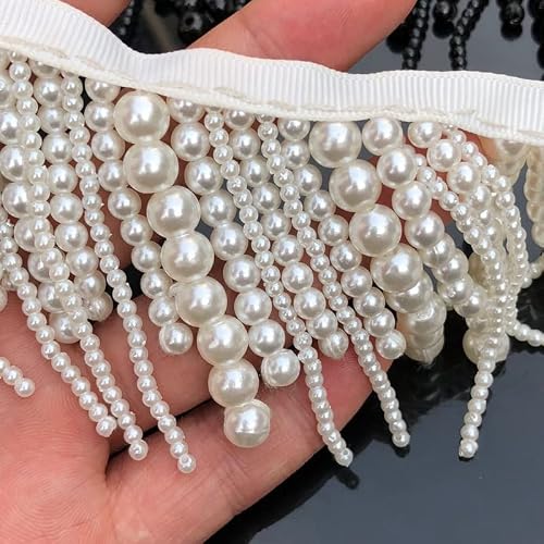 Yulakes 1 Yards White Black Long Pearl Fringe Beaded Lace Trim Pearl Pendant Tassels Garment Dress Tassel Fringe Lace Trim Decoration Shoes Ornaments Hanging Bead Curtain Sewing (White) #TOP3