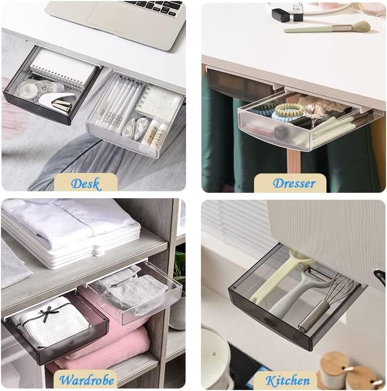 Miniatura 8 de Organizador de cajones para debajo del escritorio, paquete de 2 cajones autoadhesivos para almacenamiento debajo del escritorio, cajón de escritorio