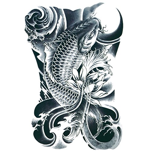 TAFLY Men's Black Koi Carp Fish Arm Leg Tattoo Temporary Tattoos Transfer Stickers Waterproof Body Art