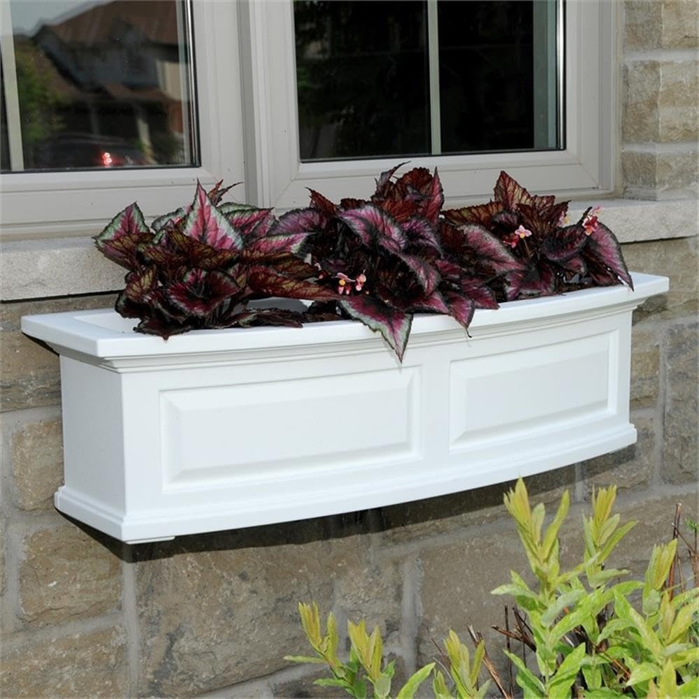 Pemberly Row 3ft Plastic Window Box, Weatherproof Polyethylene Resin, White Finish, Built-in Water Reservoir, UV Resistant, Double Wall Design, 36x11.5x10 in, Traditional Style Outdoor Planter