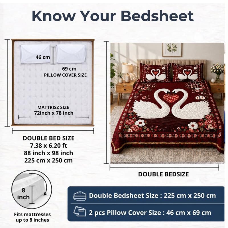 Image of Premium 7D Printed King Size Bedsheet Set with Pillow Covers Soft Cotton Blend Double Bedsheet for Home (Pillow Covers :18x28 inches Bedsheet :90x100 Maroon)