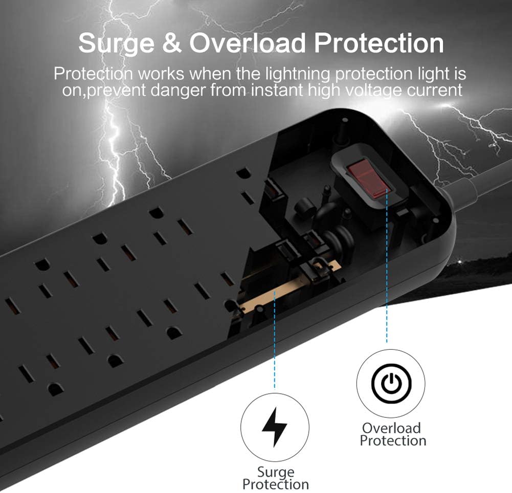 Power Strip, MKSENSE Surge Protector with 12 Outlets & 4 USB Ports & 1 Type-C Port (5V/3A), 3600 Joules, Angled Flat Plug, Spaced Outlets & ETL Listed Power Outlet for Home Office - Black