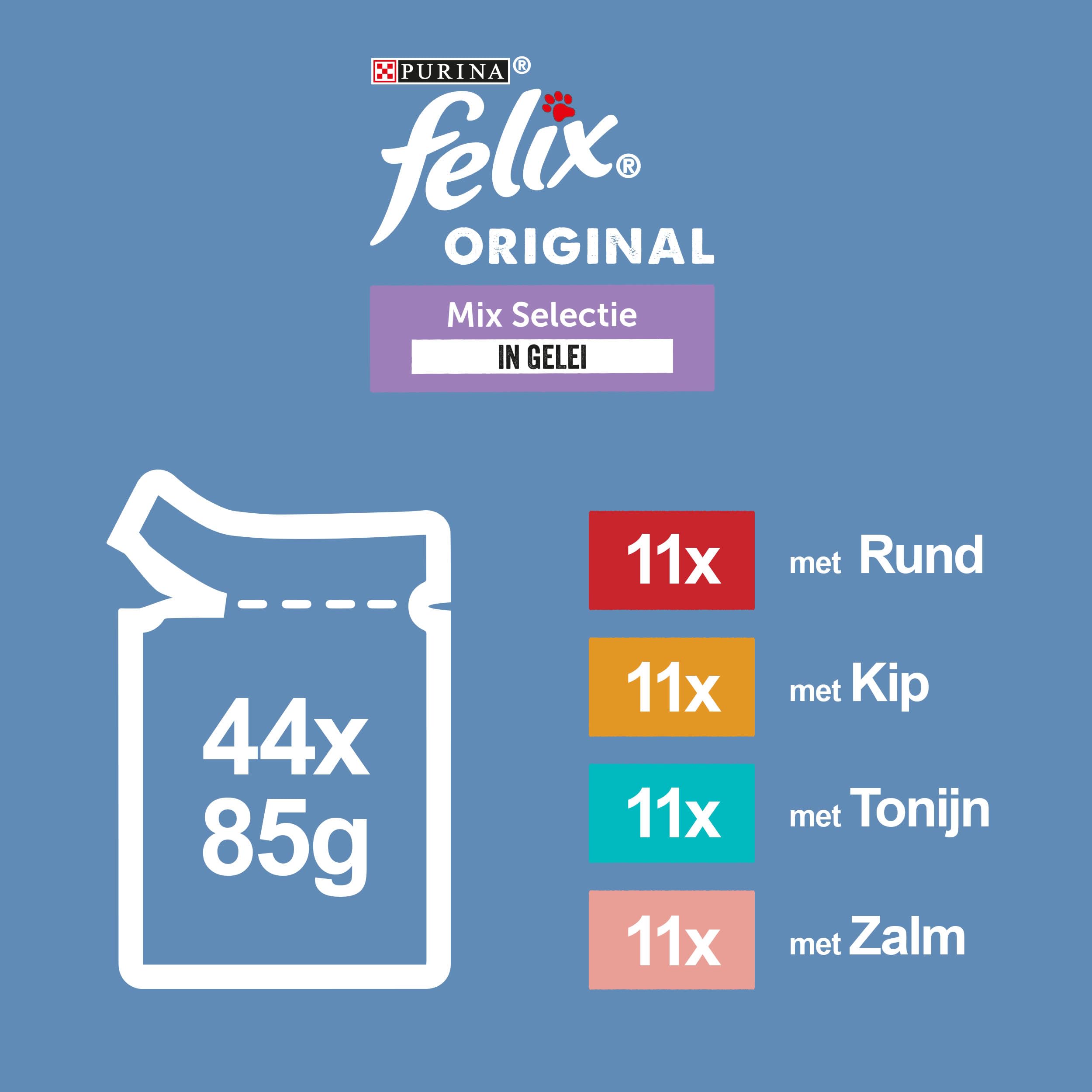 Felix Selección de Mezcla en Jalea de Comida para Gatos, Bolsas de Comida húmeda con Carne de Res, Pollo, salmón y atún, 44 x 85g (44 Bolsas de Comida; 3,7kg)