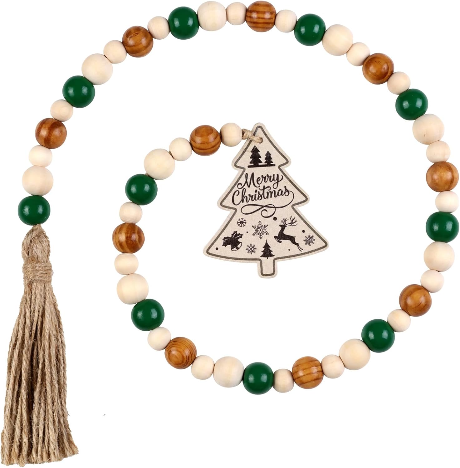 Sage Green Christmas Wood Bead Garland with Tassels, Natural Wooden Beads Strands for Xmas Winter Holiday New Year Party, Wall Tree Home Hanging Ornaments Decorations Supplies Outdoor Indoor