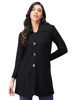 eKools Women's Winterwear Woolen Self Cardigans Banded Collar Sweaters (Black, 2XL)