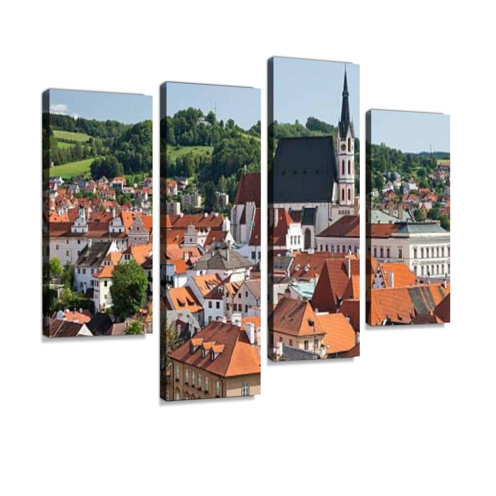 quetas artwork Canvas Print cesky krumlov, czech republic the st vitus church vltava rivers Wall Art Pictures Framed Digital Print Abstract Painting Room Home Office Decor Ready to Hang - 4 Panel