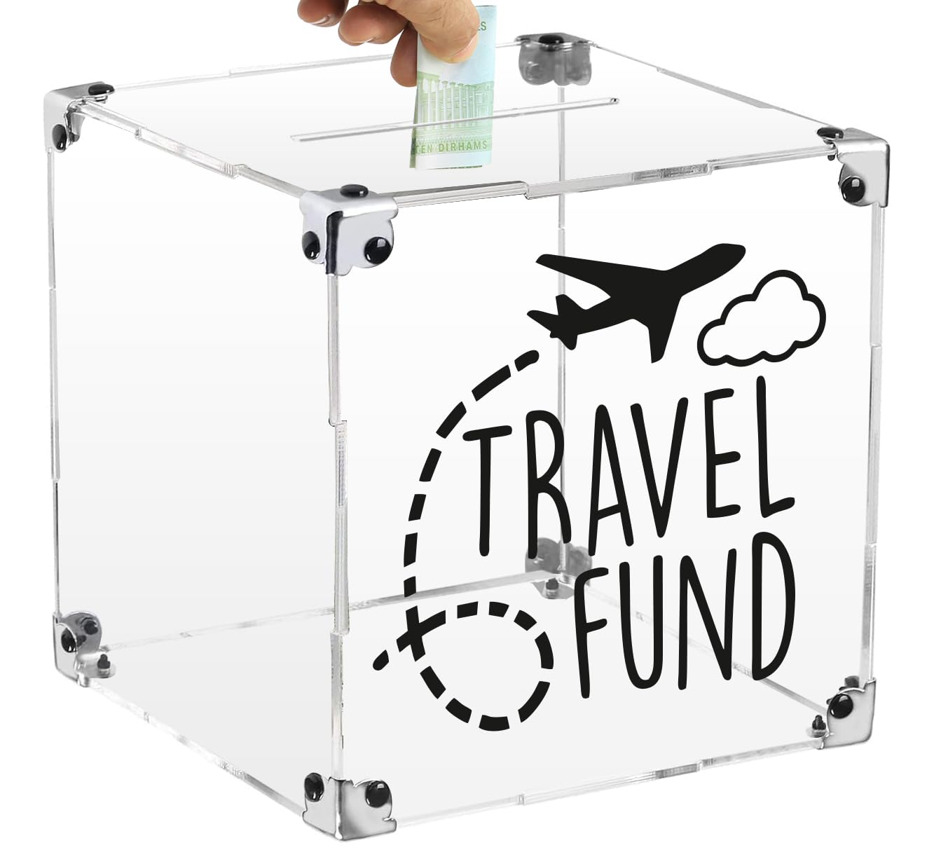 VITIONDIY Piggy Bank with Gasket for Protect,Clear Acrylic Money Saving Bank Jar for Cash and Coins,Piggy Bank for Boys Girls Adult kids (20 x 20 cm, Travel Fund)