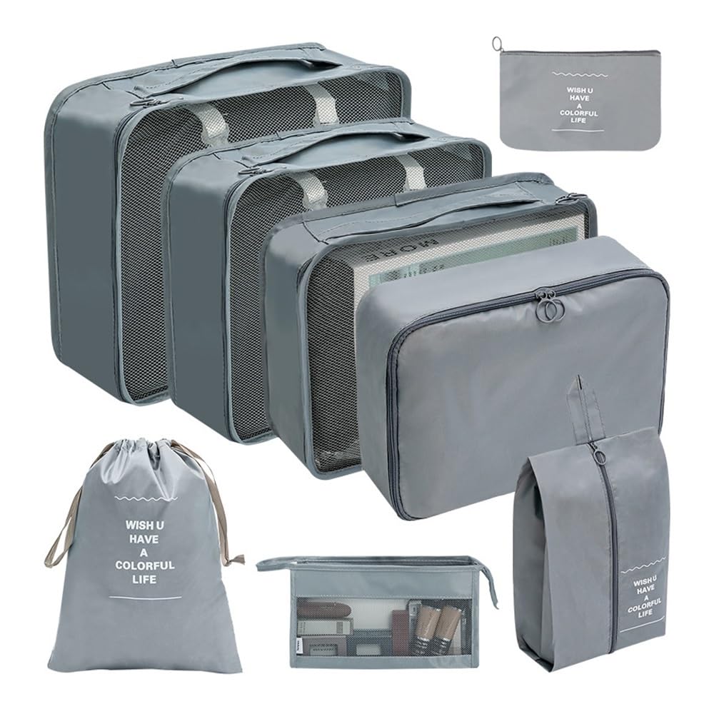 Set da 7/8/9/10 pezzi di organizer da viaggio, valigie, cubi, set di valigie, portatili, vestiti, scarpe, sacchetti pieghevoli (8 pezzi grigio)