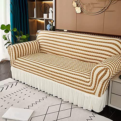 Image of House of Quirk Turkish Bubble Frill Five Seater 3 + 1 + 1 Sofa Slipcovers 280 GSM, Durable Washable Universal Triple Seater High Elastic Furniture Protector (Beige Stripe)