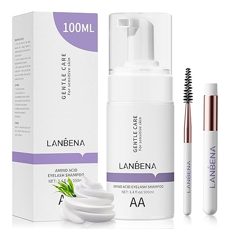 LANBENA 100ml Eyelash Extension Cleanser, Lash Shampoo for Lash Extensions, AMINO ACID Eyelash Shampoo Oil Free Foam Lash Bath for Eyelash Extensions, Lash Cleaning Kit with Brush,Home Salon Use