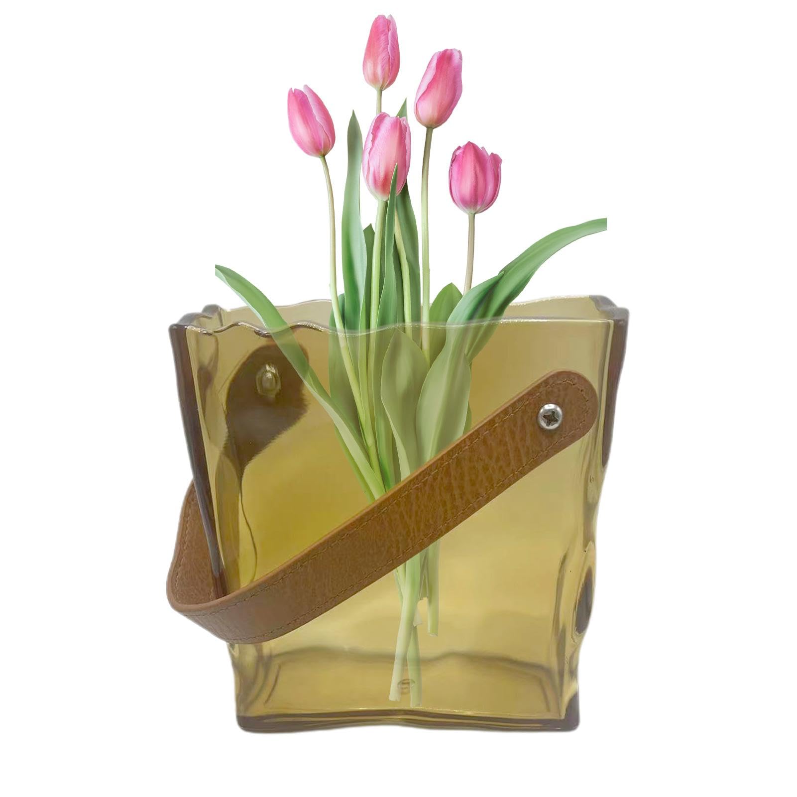 Teksome Brown Bag Vase, Unique Bag Vase With Handle, Aesthetic Design, Unique Bag Vase Handle, Aesthetic Pleated Design, 6.1X5.59 Inches For Centerpieces & Fish Bowl