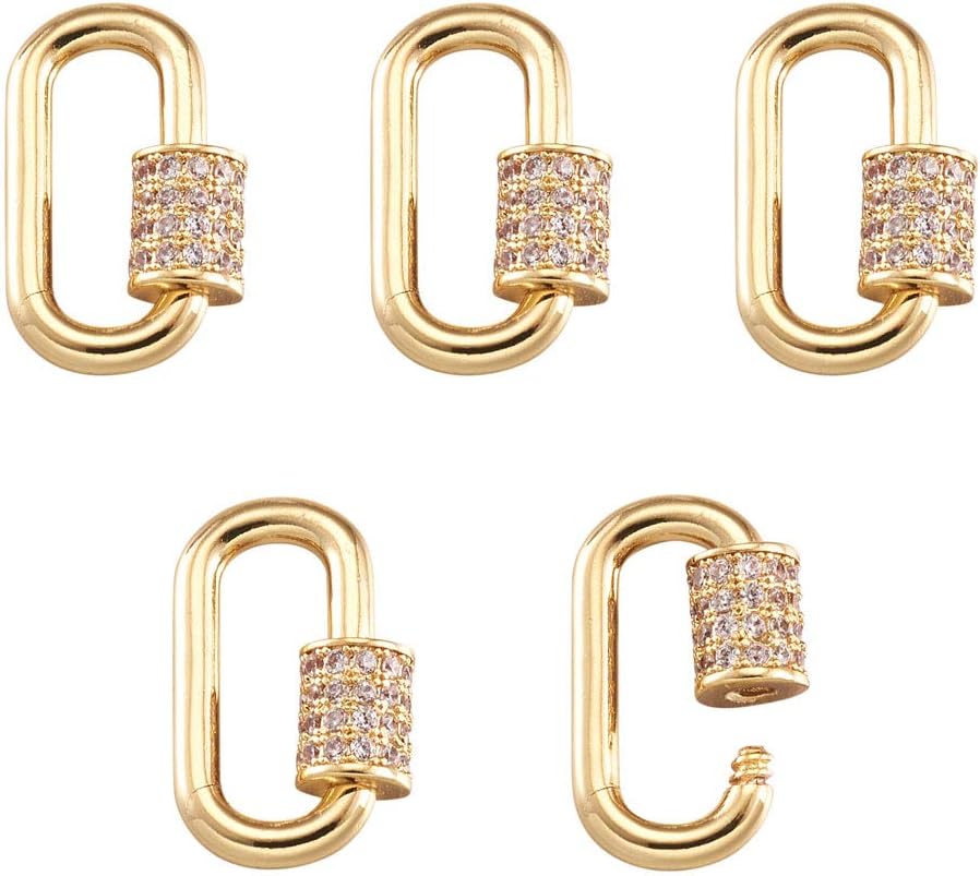 FASHEWELRY 5Pcs Brass Cubic Zirconia Screw Carabiner Lock Charms Oval Necklace Link Connector Charms Real 18K Gold Plated for DIY Jewelry Making