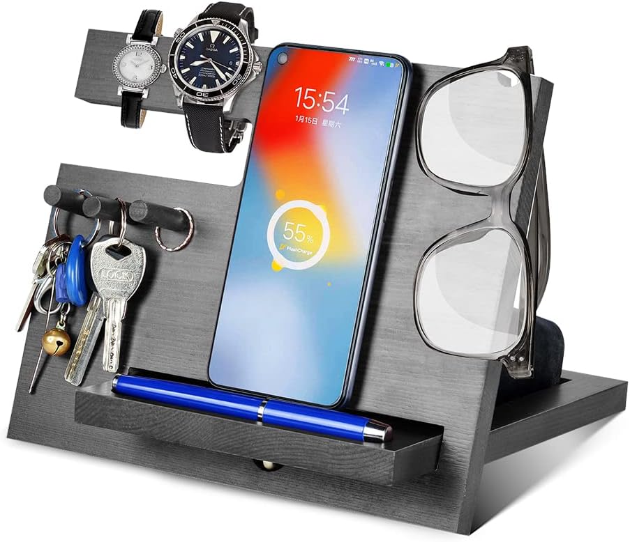 AliveByte Men's Bedside Organiser: Wooden Phone Docking Station & Organiser - Black Ash Wood - Valentines Day Gift for Men