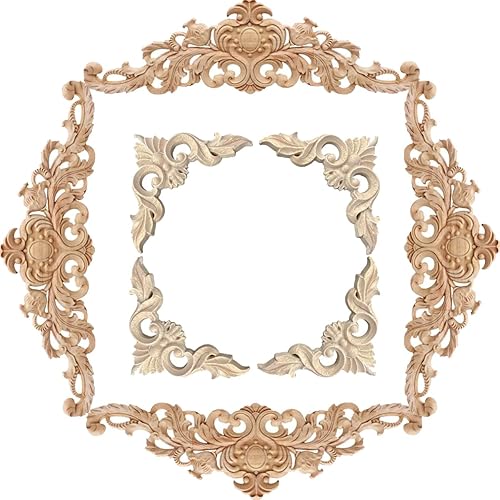 YOKIOU 4 PCS Wood Carved Onlays Appliques & 4 PCS Wood Appliques Corner Small for Furniture Unpainted Wood Appliques Decoration for Cabinet Bed Door (30 * 8cm/10 * 10cm)