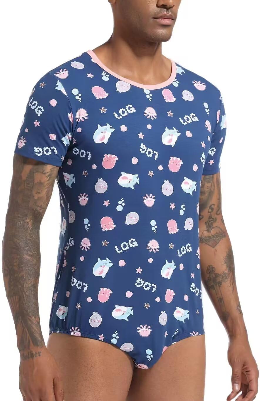 Landofgenie Men Short Sleeve Bodysuit Pajama Print Bodysuit One Piece Pajamas Rompers Basic Onesie - Image 5