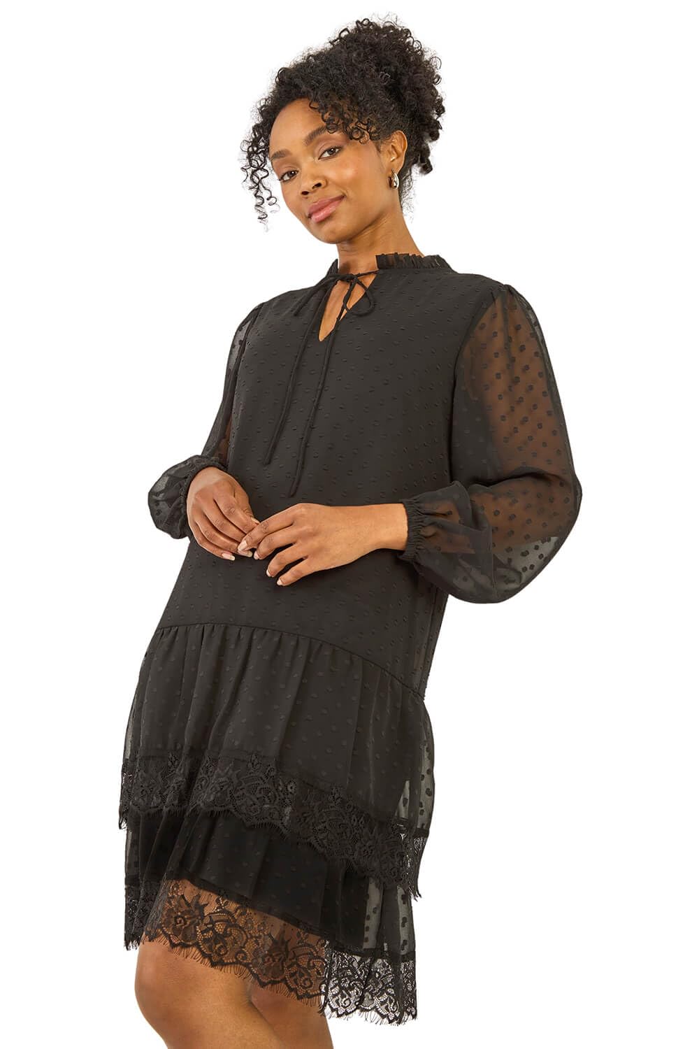 Roman Women's Petite Frill Tie Front Lace Dress in Black | Size: 18