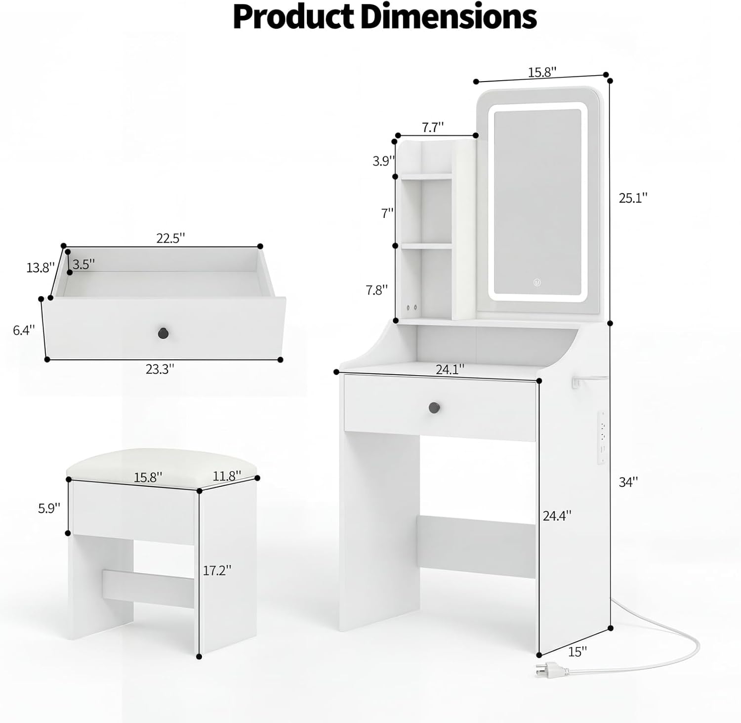 Small Vanity Desk with Charging Hub and Hair-Dryer Holder, Mirror and Light Stepless Dimmable, Bedroom Dressing Table for Makeup, White