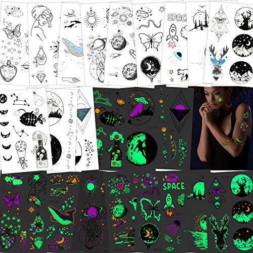 HOWAF Tatuajes impermeable temporales para adultos, hombres, mujeres, niños (12 hojas), brillan en la oscuridad falso tatuajes adhesivos per brazo, manos, animales, espacio, estrella, montaña