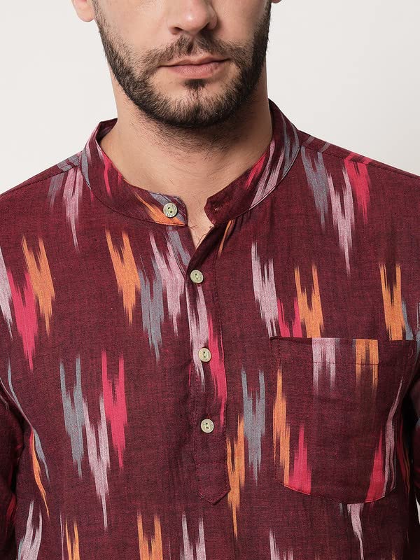 Image of Vastraa Fusion Men's Handloom Weaving Pure Cotton Short Kurta, Round Collar, Full Sleeves,Button Kurta, Ethnic Wear
