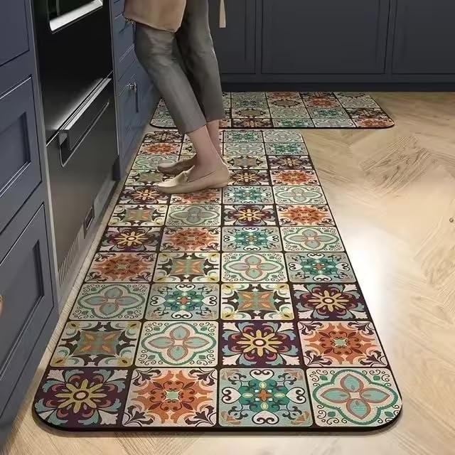 Image of JB'S LAND Kitchen Mats for Floor Anti Slip Set of 2 Pcs, Waterproof Anti-Slip Kitchen Runner Rugs with Printed Tile Design & Rubber Base, Cooking & Laundry (120x40 cm + 60x40 cm)