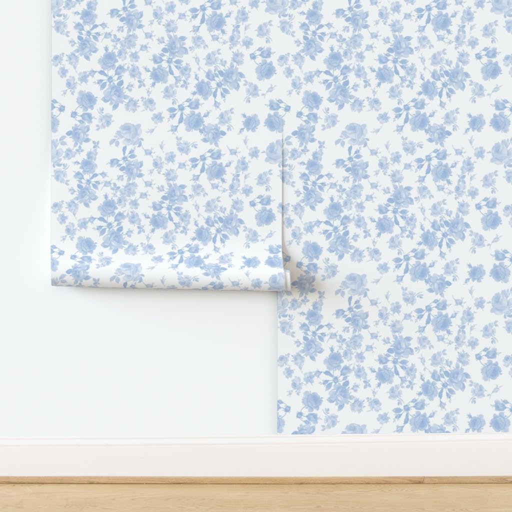 Spoonflower Peel & Stick Wallpaper 3ft x 2ft - Blue Roses Faded Shabby Chic Roses White Floral Cottagecore Vintage Chintz Custom Removable Wallpaper