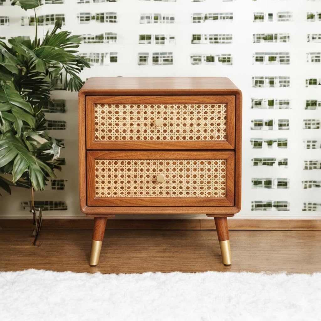 MISAN Boston Solid Wood Bedside Table with Rattan Drawers Mid Century Night Stand for Living Room, Bedroom | Sheesham Wood Cane Bedside End Table Decorative Side Tables with 2 Drawer Storage-image-1