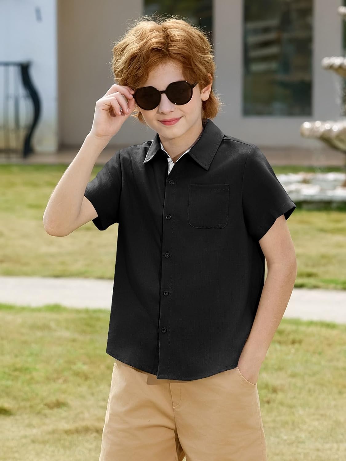 Haloumoning Boys Button Down Shirt Kids Short Sleeve Dress Shirts School Uniform Shirts with Chest Pocket 5-14 Years - Image 4