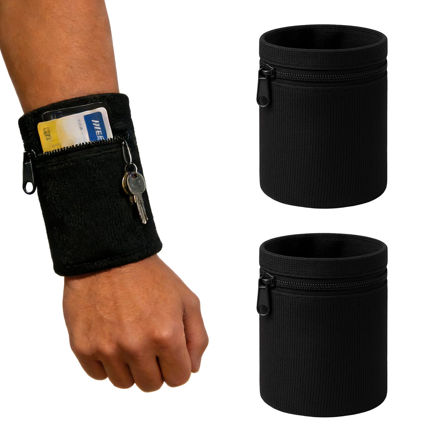 Wrist Band Wallets 2 Pcs Running Key Holder with Zipper Sports Wrist Pouch Light Pocket Sports Absorb Sweat Wristbands for Running Basketball Tennis Travel Gym Yoga (Black)