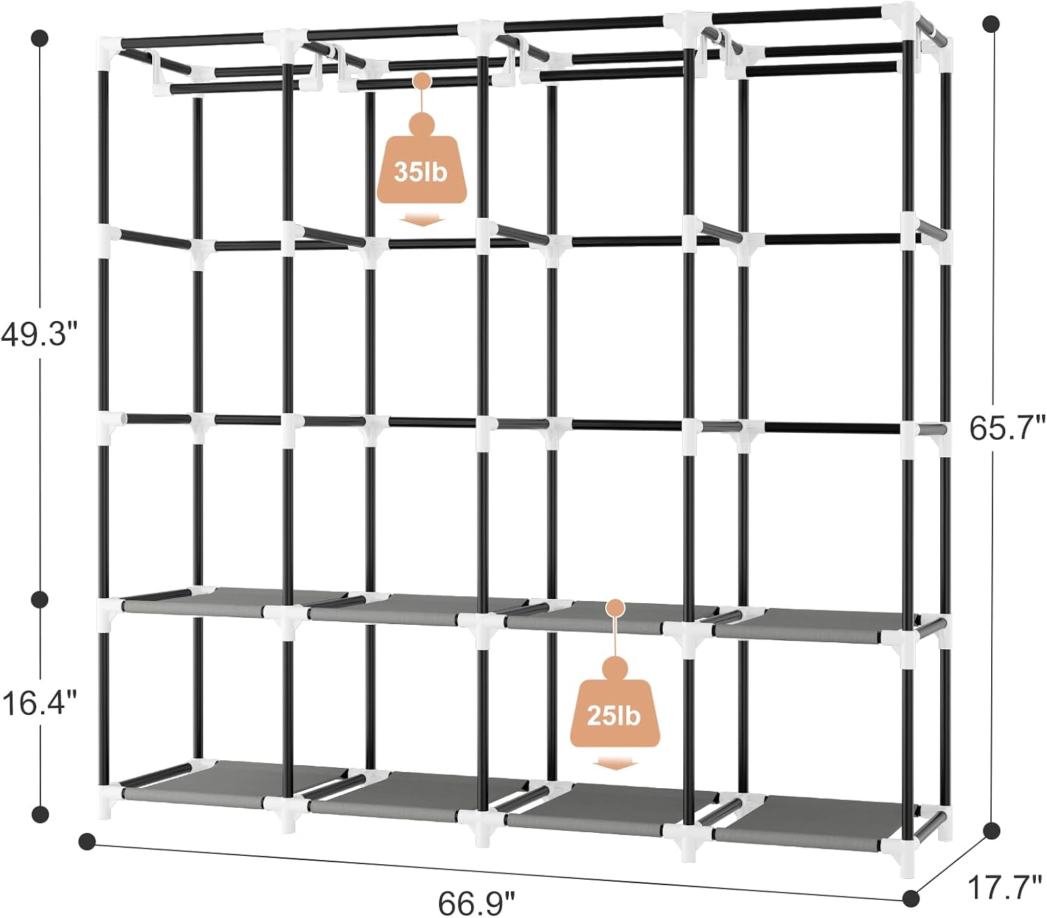Portable Closet for Hanging Clothes, 67 Inch Wide Portable Wardrobe Closet with Cover, 4 Hanging Rod, Storage Shelves and Side Pockets, Large Free Standing Closet for Bedroom, Grey image 3