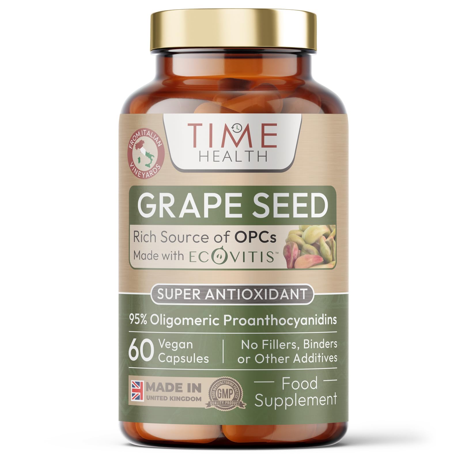 Time HealthOPC Grape Seed Extract Capsules - Min. 95% OPCs - Made with Italian Vineyard Grapes - Ecovitis™ - UK Made Supplement - Zero Additives - GMP Standards - Vegan