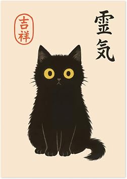 Animato Black Cat Poster, Japanese Woodblock Painting, Matsumoto Hoji Style Wall Art, A5 Print Only - 21x14.8cm