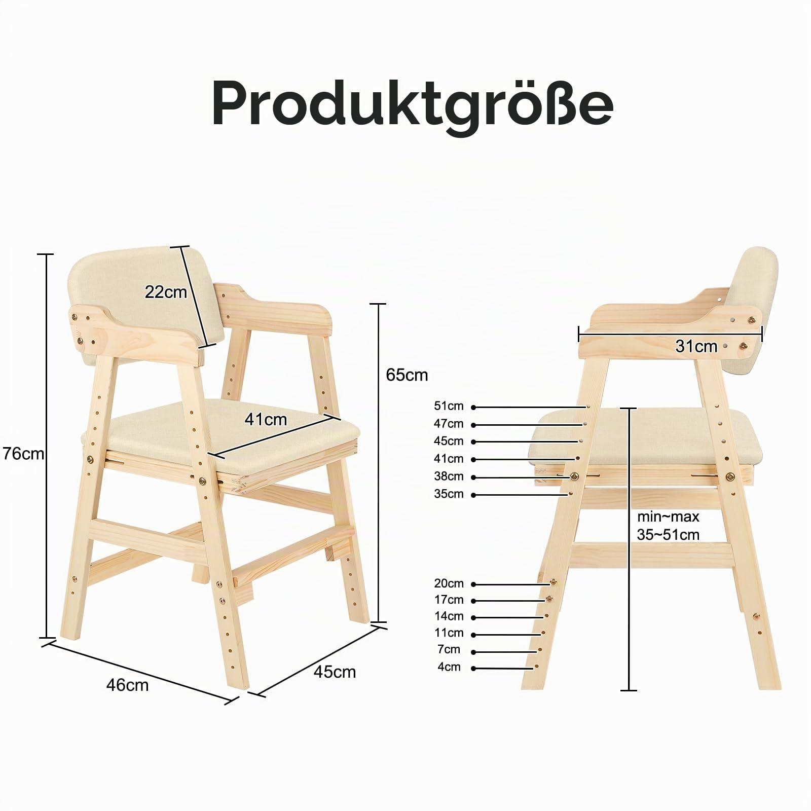 Hochstuhl aus Holz, aus hochwertigem Buchenholz, Stabil & Sicher bis 91 kg,Lehrstuhl, höhenverstellbarer Holzhochstuhl für kinder von 2 bis 12 Jahren (48 x 46 x 78 cm – Beige (1 Stück))