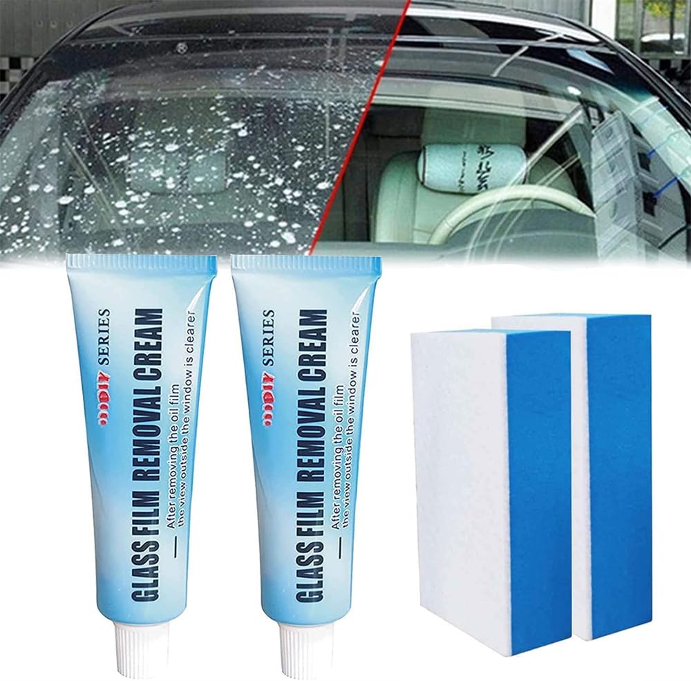 Car Glass Oil Film Cleaner, 2Pcs Glass Film Removal Cream, Car Windshield Oil Film Cleaner, Glass Stripper Water Spot Remover, Glass Oil Film Remover with Sponge for Car & Home Bathroom Glass