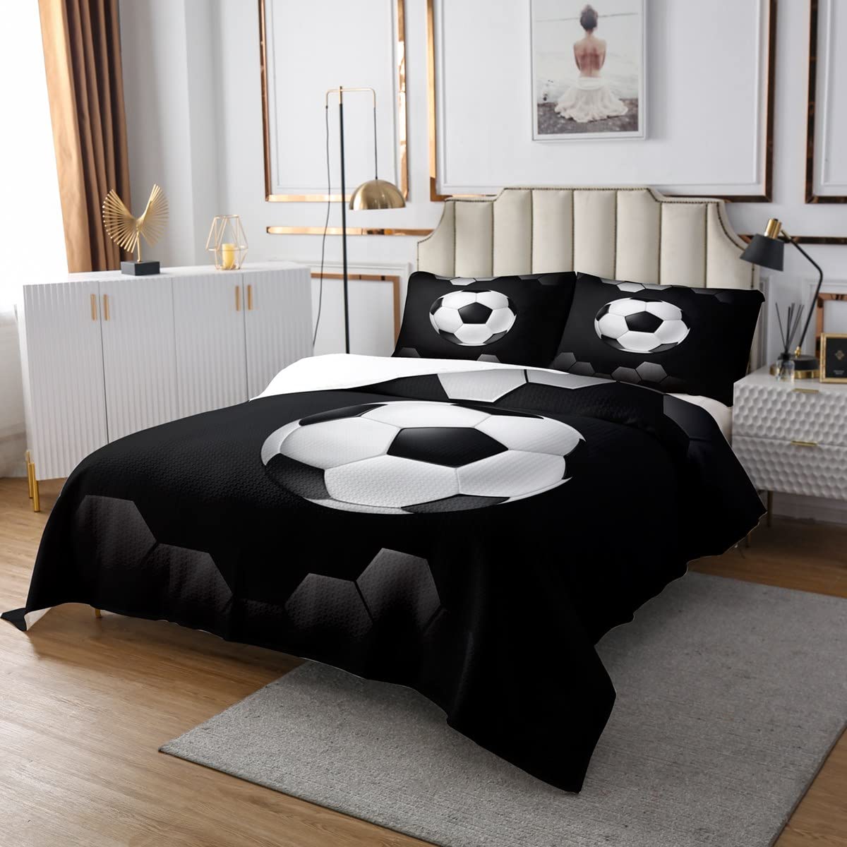 Juego de colcha de fútbol para juegos deportivos, colección de ropa de cama de fútbol, juego de ropa de cama negra para niños, niñas, adultos, tamaño King