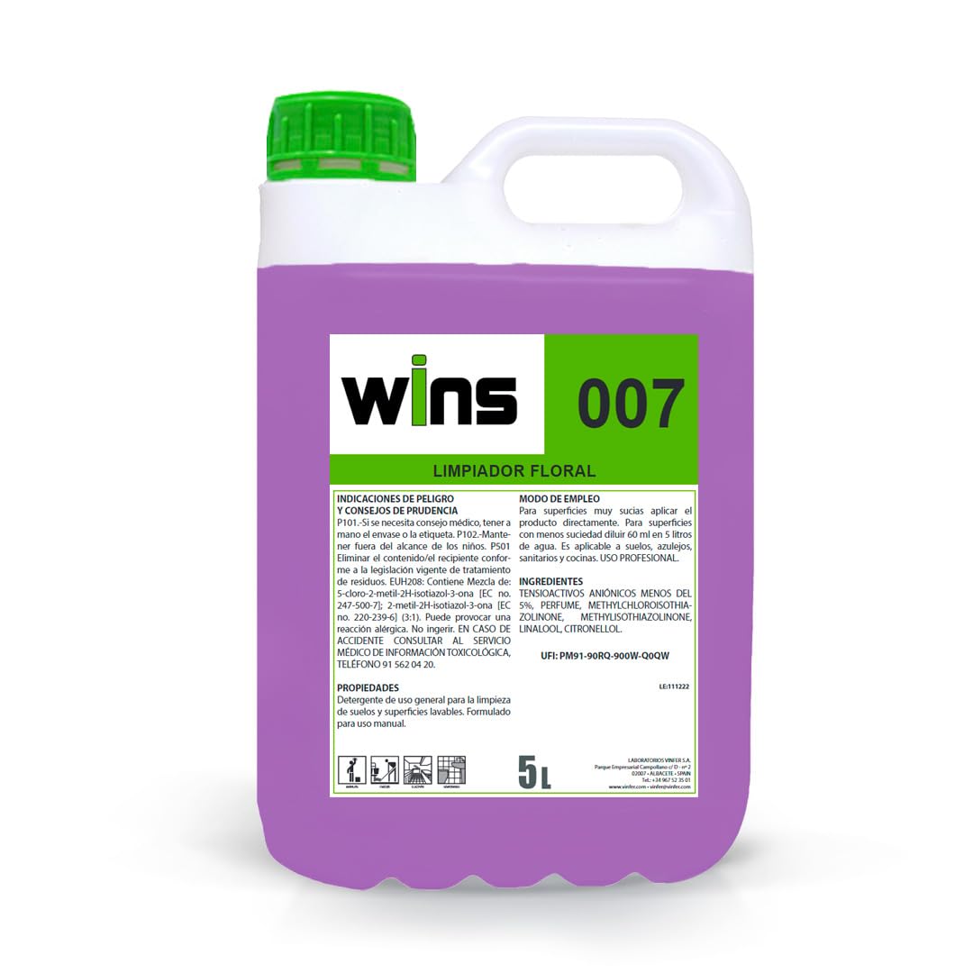 WINS- Friegasuelos Limpiador Floral 007|Fregasuelos Limpiador para Suelos y Superficies con Aroma Floral Duradero | Garrafa 5L| pH Neutro | 100% Made in Spain