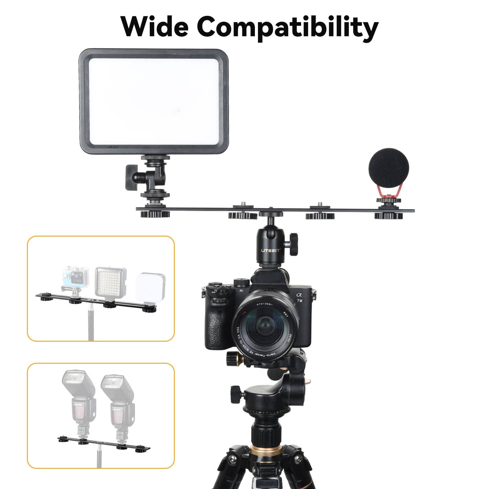 UTEBIT 13 in Support De Flash Double, Rail De Flash En Aluminium Avec Vis 1/4" Et 3/8", Support De Flash Pour Appareil Photo Avec Double Griffe Pour Appareil Photo DSLR, Lumière LED